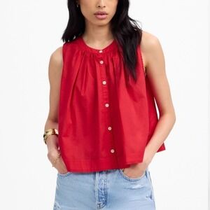 Madewell Top Womens M Red Sleeveless Button Front Cotton Blouse Tank NEW